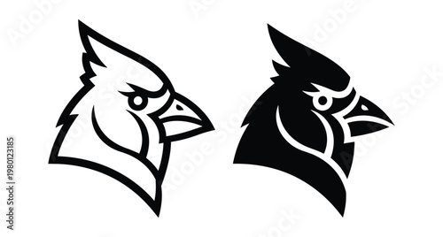 Cardinal bird head mascot logo set featuring bold black silhouette and outline versions for sports teams branding and graphic design