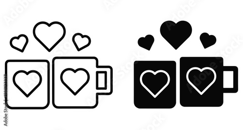 Two coffee mugs with hearts icon set in outline and solid styles for romantic beverage couple Valentine's Day design elements