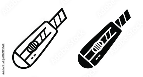 Utility knife icon set featuring outline and solid black silhouette styles for construction hardware tools and office stationery supplies design