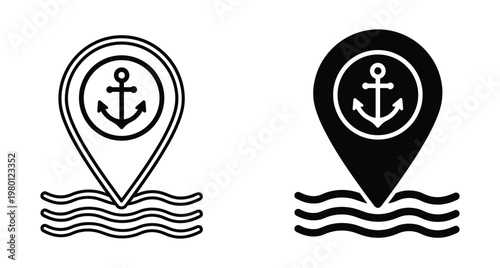 Nautical map pin icons with anchor symbol and sea waves for maritime location tracking harbor navigation port gps destination markers