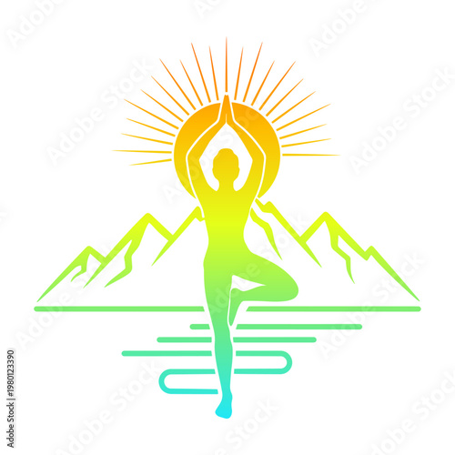 Colorful Yoga Tree Pose Silhouette with Sunrise and Mountains, Zen Wellness Vector