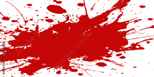 A vibrant red ink splat and paint splash design features a grunge texture with artistic blood-like splatters and drips on a decorative vector backdrop pattern