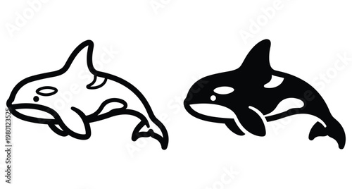 Killer whale orca vector icons in outline and silhouette styles for sea life logos nature education and marine conservation graphics