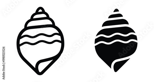 Minimalist seashell icon set featuring outline and solid silhouette designs for marine ocean beach summer travel and nature projects