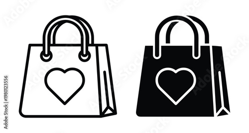 Shopping bag icon set with heart symbol for retail commerce boutique gift store marketing promotion sale and customer loyalty