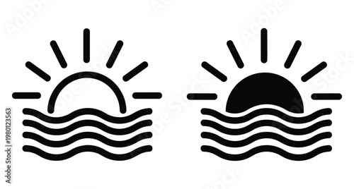Sun rising over ocean waves icon set in outline and solid black style for weather forecast or summer travel design