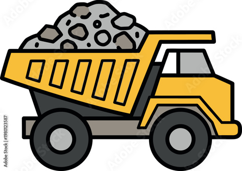 Dump truck vector illustration depicting a heavy yellow industrial vehicle carrying a full load of rocks and gravel for construction site work activities, isolated on white background as a flat graphi