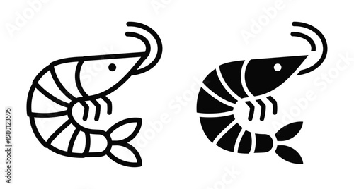shrimp and prawn vector icons set featuring outline and solid black silhouette styles for seafood restaurant menus and food packaging