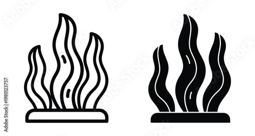 Seaweed kelp aquatic plant icon set with outline and solid black silhouette styles for ocean nature and aquarium design projects