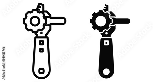 Can opener icon set showing manual kitchen tool for opening tin cans in outline and solid black vector style design