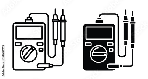 Digital multimeter icon set showing electronic testing equipment with probes for measuring voltage current and resistance in outline and solid styles