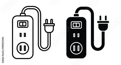 Power strip extension cord icon set with electrical plug and socket outlet for home office appliance connection and energy supply
