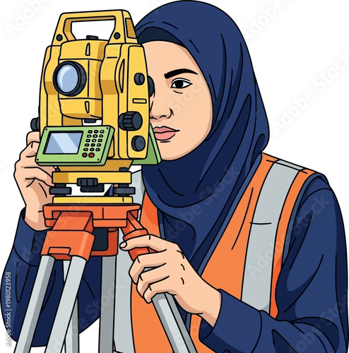 Surveyor using total station for professional land measurement vector illustration featuring a female engineer wearing a hijab and reflective safety vest for construction site mapping tasks or civil e