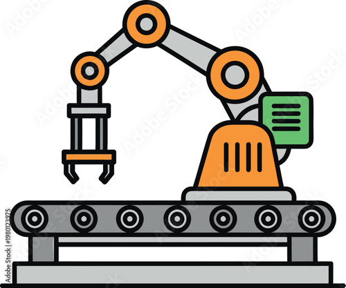 Robotic arm illustration featuring an industrial automated manufacturing process on a conveyor belt system showing modern factory technology for production lines designed as a clean vector graphic ico