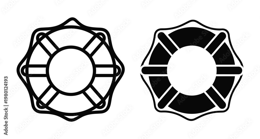 Fototapeta premium Lifebuoy ring icon set with outline and solid black versions for maritime safety rescue equipment and nautical emergency assistance symbols