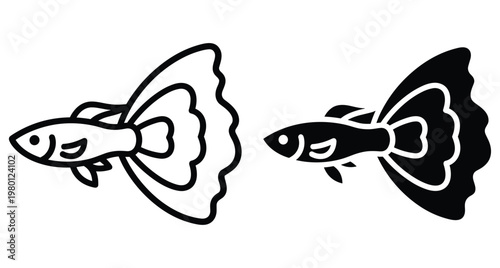 Guppy fish icon set featuring outline and solid black silhouette designs for aquarium pet shop branding and aquatic animal graphics