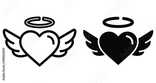 Heart with angel wings and halo icon set featuring outline and solid black silhouettes for love romance wedding and spiritual designs