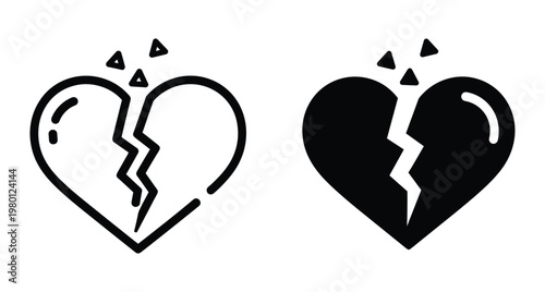 Broken heart icon set with outline and solid black versions representing heartbreak divorce sadness separation grief pain and emotional loss