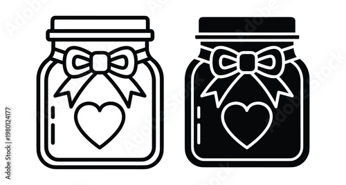 Glass jar icon set with heart symbol and decorative bow ribbon for wedding favors gift storage and romantic celebration design