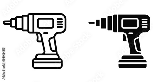 Cordless power drill icon set featuring outline and solid black styles for construction hardware repair and DIY home improvement projects