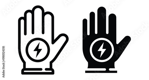 Electrical safety gloves icon set featuring lightning bolt symbol for high voltage protection industrial work gear electrician equipment safety sign