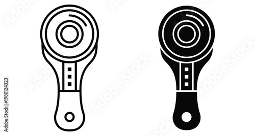 Rotary cutter icon set for sewing quilting and fabric cutting projects including outline and solid black silhouette vector graphic symbols