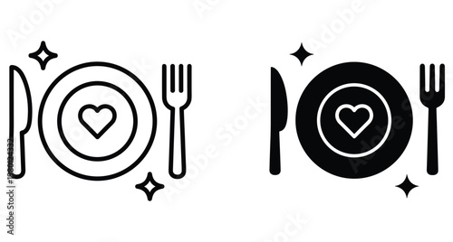 Plate with heart icon set including fork and knife for romantic dinner date restaurant menu food service graphic design