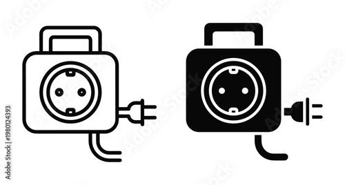 Portable power station icon set showing electric outlet and plug for mobile energy storage charging and battery backup power supply