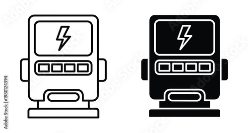 Defibrillator medical device icon set with lightning bolt symbol for emergency cardiac arrest treatment and heart health rescue equipment design