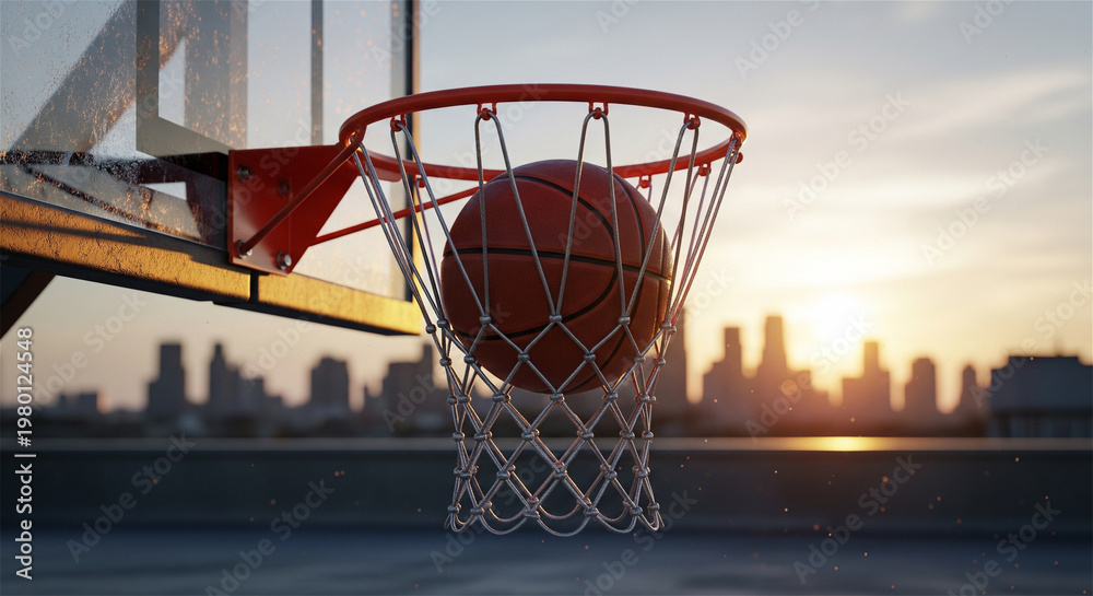 Naklejka premium Basketball ball falling through hoop at sunset, urban rooftop court with city skyline silhouette, outdoor sports and streetball concept