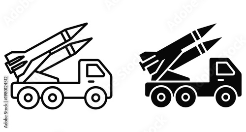 Military truck carrying missiles icon set with outline and solid black versions for defense army weapon transportation and combat vehicle