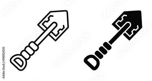 Shovel icon set featuring outline and solid black styles for gardening camping construction digging equipment tool symbol vector graphic design