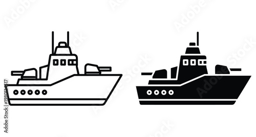 Warship icon set featuring naval destroyer and military frigate in outline and solid black styles for marine defense transport graphics
