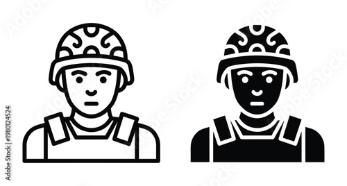 Soldier icon set featuring military personnel wearing tactical helmet and body armor vest in outline and solid glyph style designs