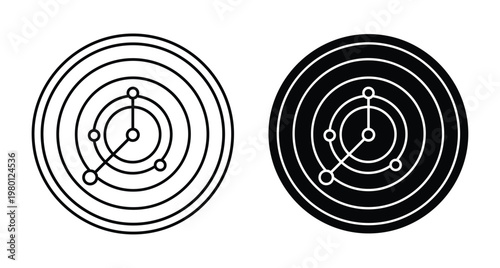 Radar sonar navigation icon set with circular tracking signal and planetary orbit lines for technology detection and scanning interface design