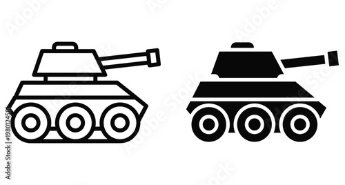military tank icon set with outline and solid glyph styles for army defense combat vehicle war machine heavy armor weaponry