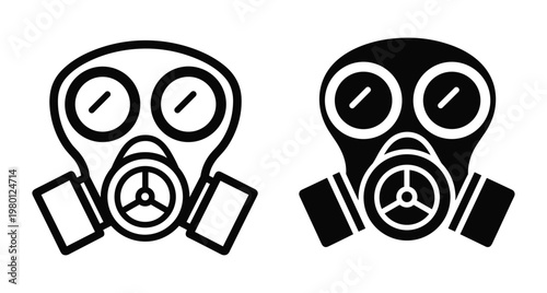 Gas mask respirator icon set with outline and solid black silhouette styles for industrial safety chemical protection and toxic environment hazard