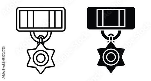Military medal icon set featuring star shape and ribbon bar in outline and solid black styles for honor and achievement