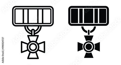 Military medal icon set featuring cross pendant and ribbon bar in outline and solid black styles for honor and bravery