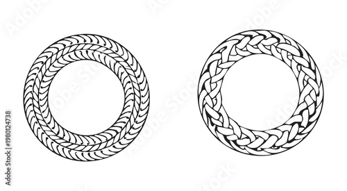 Set of two elaborate braided rope round frames on white background decorative elements