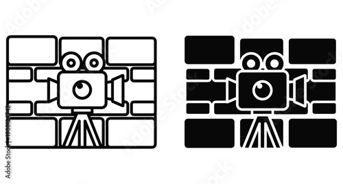 Movie camera on tripod in front of brick wall icon set for cinema film production and urban street recording projects