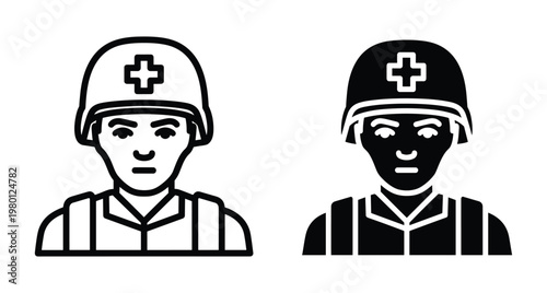 Combat medic icon set featuring military doctor wearing helmet with cross symbol for army healthcare and first aid services