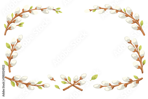 Watercolor Pussy Willow Catkin Branches Frame, Isolated Spring Tree Twigs with Soft Blossoms for Easter Greeting Card, Nature Border Design Element on White Background, Hand Drawn Floral Vector.