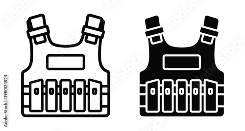 Tactical bulletproof vest icon set featuring military plate carrier body armor for police security army combat protection equipment and safety gear