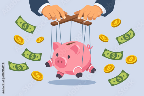 Conceptual Vector Illustration of Hands in a Suit Controlling a Pink Piggy Bank Like a Puppet with Strings Amidst Floating Cash and Coins Representing Financial Manipulation and Management