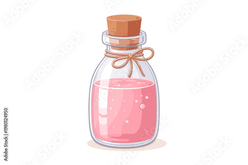 Vector illustration of a glass bottle with a cork stopper and a twine bow, filled with a pink liquid, cosmetic lotion, or magic potion, featuring bubbles, isolated on a white background for design.