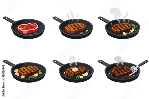 Vector illustration set of steak cooking stages in a skillet. Features raw beef, grilled steak with grill marks, garlic, herbs, butter, and mushrooms. Isolated icons for culinary and food design.