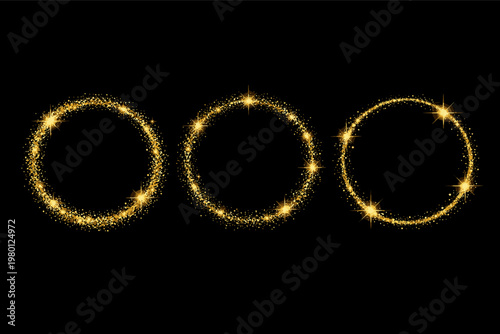 Set of Three Gold Glitter Circle Frames with Sparkling Dust Particles and Star Bursts on a Black Background. Elegant Luxury Round Borders for Festive Invitations, Weddings, and Holiday Designs.