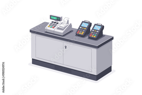 Isometric vector illustration of a modern gray retail checkout counter with a digital cash register, receipt printer, and two electronic credit card payment terminals isolated on white background.