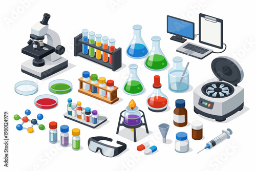 Isometric Laboratory Equipment and Supplies for Scientific Research and Experiments; Includes Microscope, Test Tubes, Flasks, Centrifuge, Laptop, Petri Dishes, and Goggles for Medical Study.